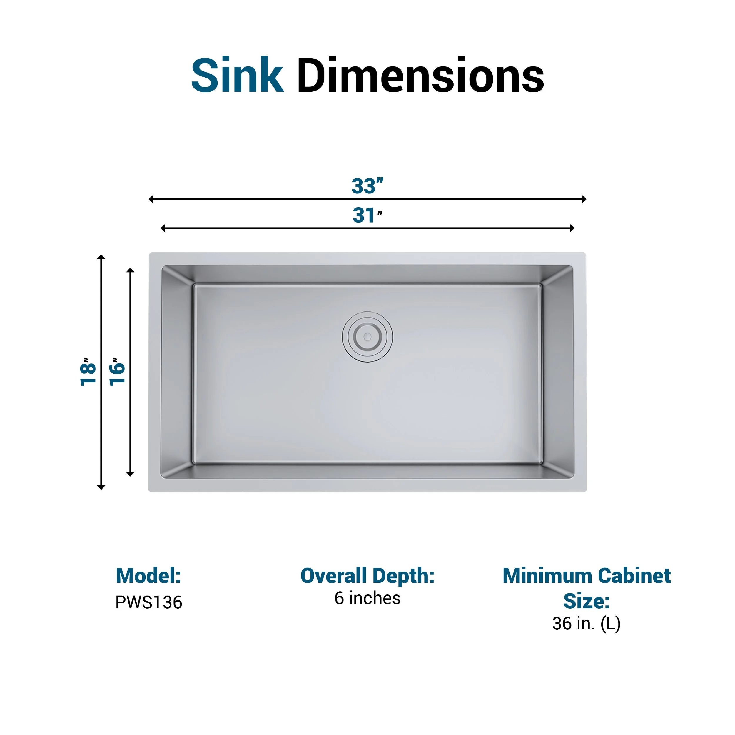 Bryn PWS136 - 33” Stainless Steel 16-Gauge Undermount